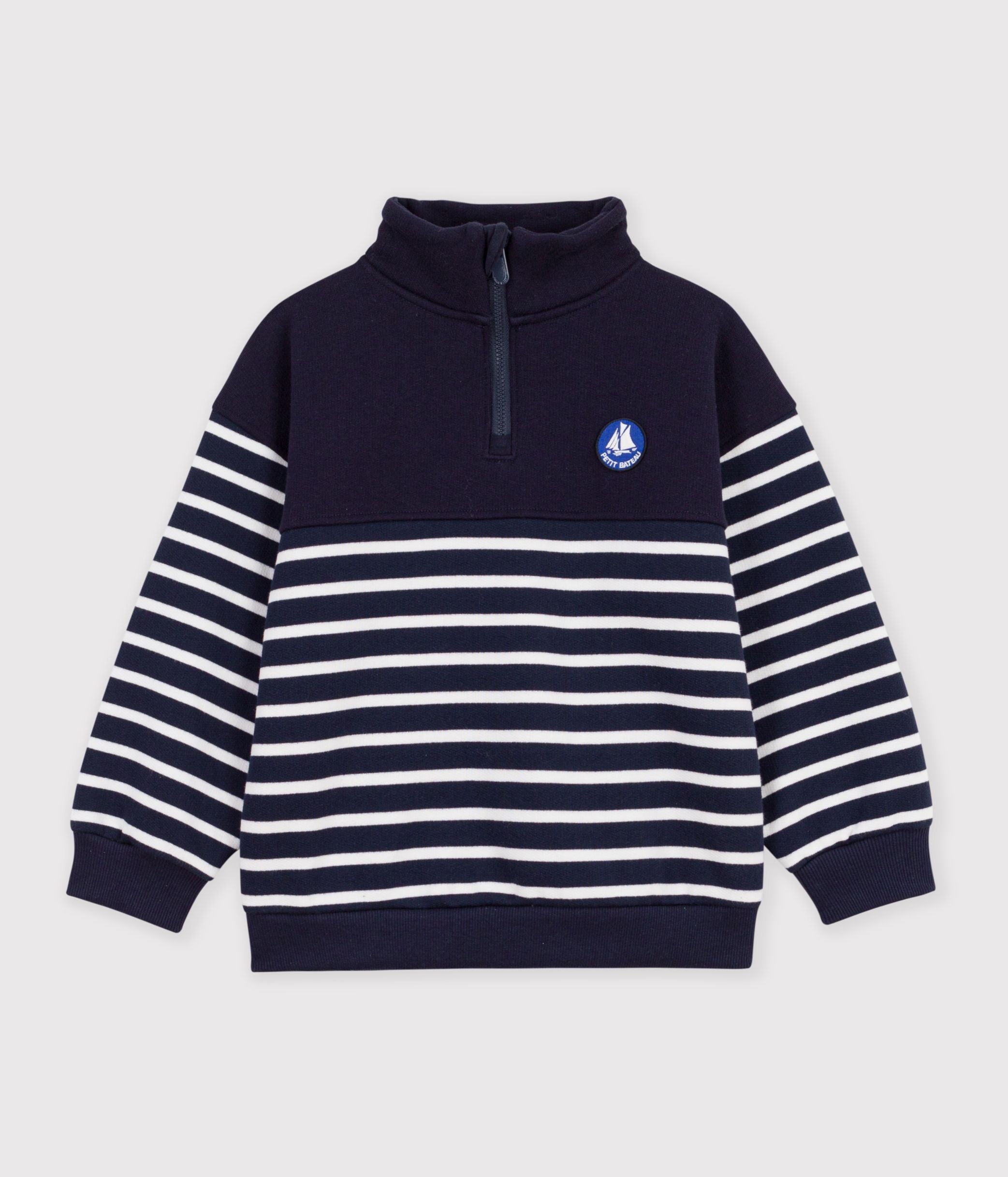 Petit Bateau - Kids' Striped Cotton Zip-Neck Sweatshirt