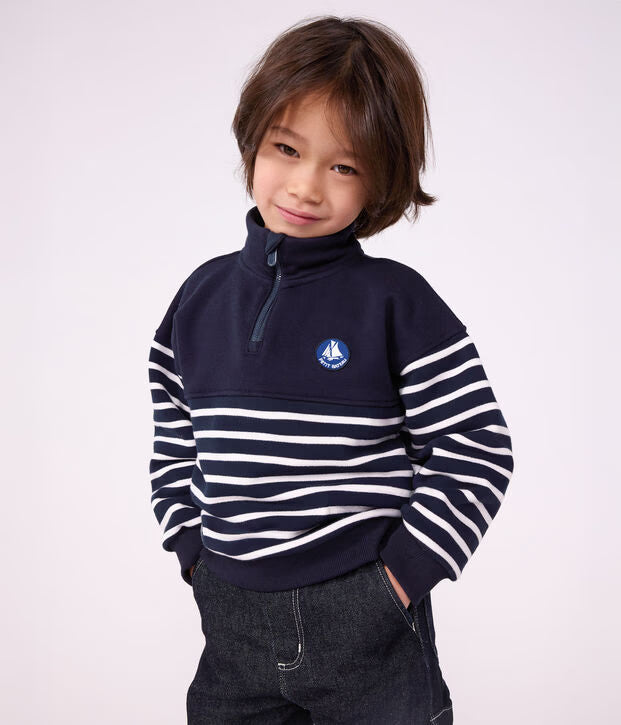 Petit Bateau - Kids' Striped Cotton Zip-Neck Sweatshirt