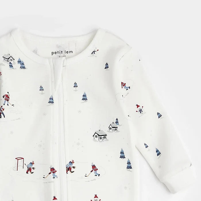  Pyjama bébé blanc à imprimé hockey sur glace et scène hivernale québécoise - Petit Lem