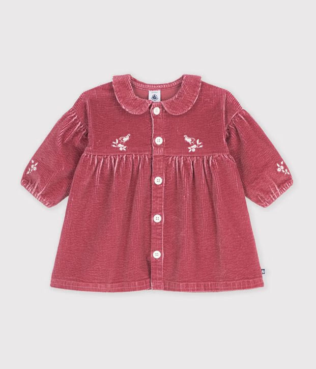 Petit Bateau - Robe bébé en velours manches longues unie