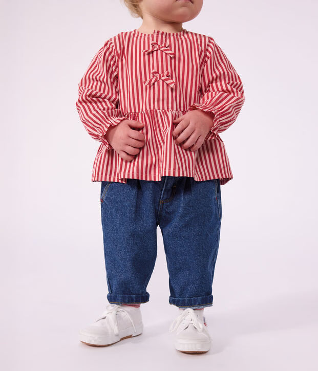 Petit Bateau - Plain denim baby trousers with heart embroidery
