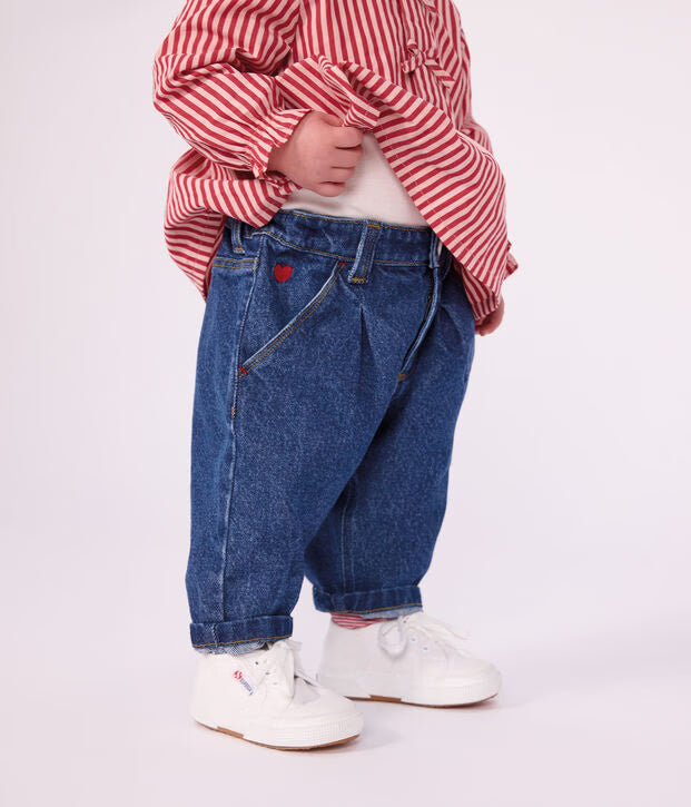 Petit Bateau - Plain denim baby trousers with heart embroidery