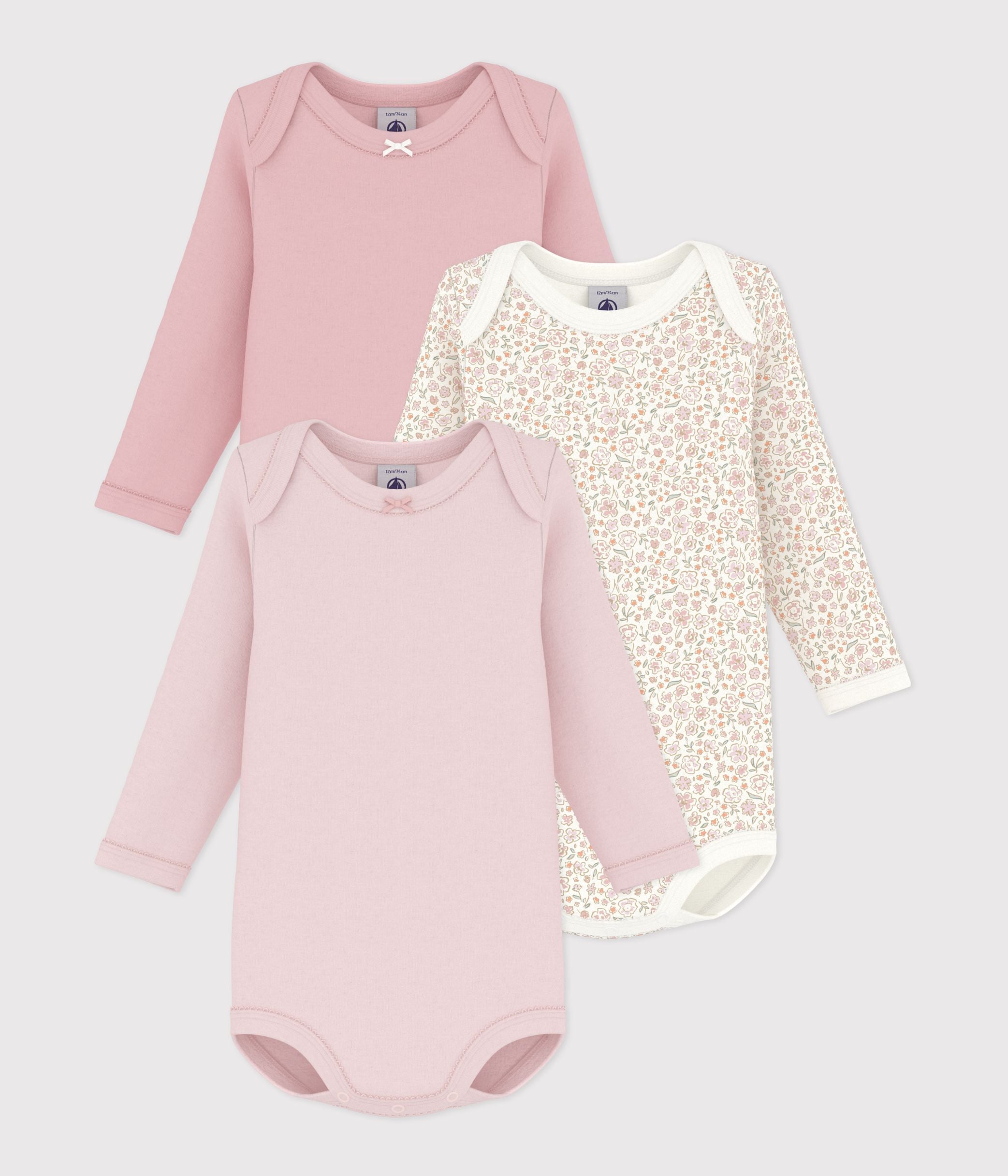 Petit Bateau - Lot de bodies manches longues en coton imprimé à fleurs bébé