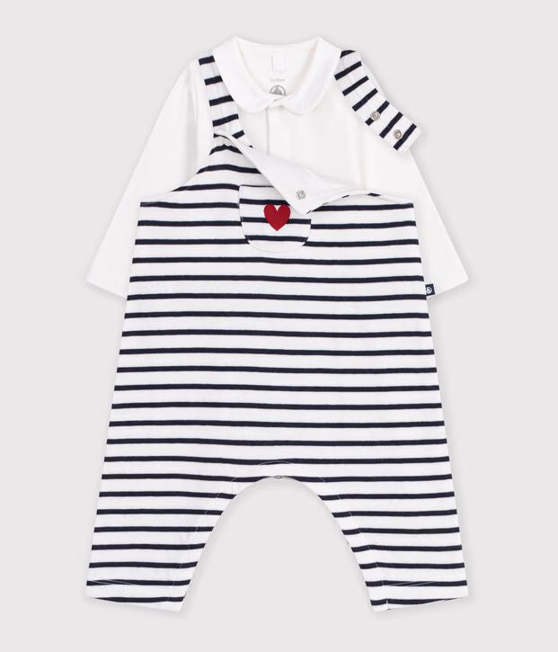 Petit Bateau - Ensemble salopette et body bébé en coton avec col, à rayures
