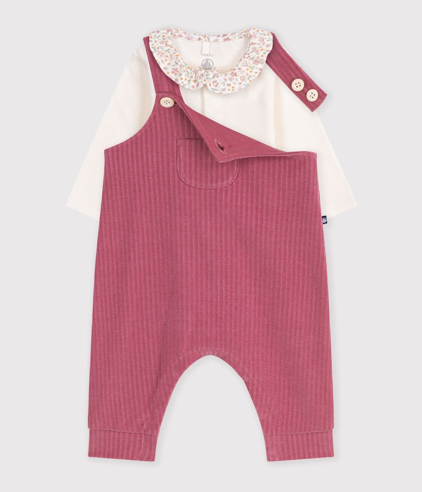 Petit Bateau - Ensemble salopette et body bébé en coton avec col uni