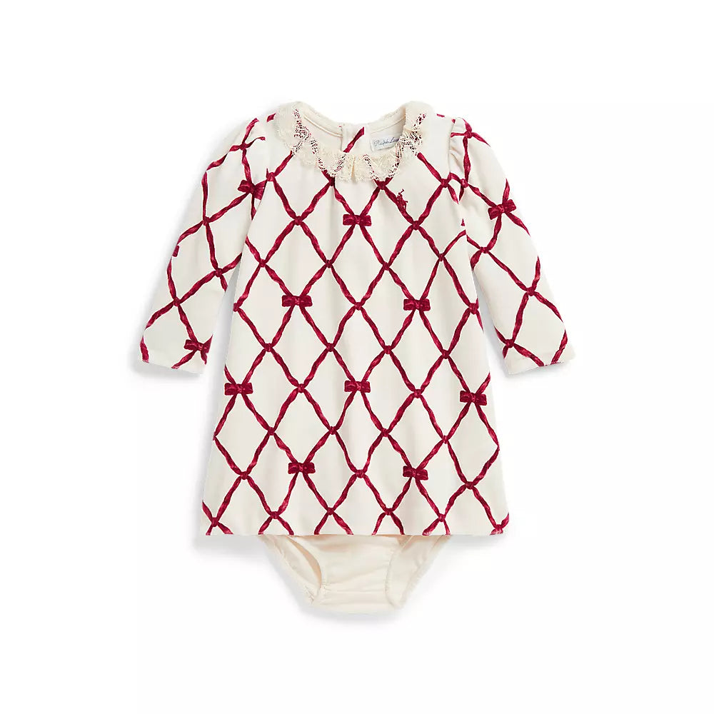 Polo Ralph Lauren - Baby girl's velvet dress with puff long sleeves and ribbon print