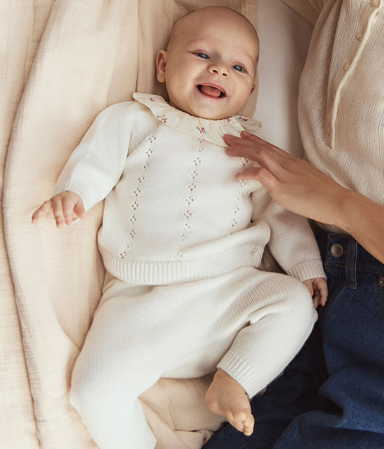 Petit Bateau - Ensemble 2 pièces bébé en laine et coton avec collerette fleurie