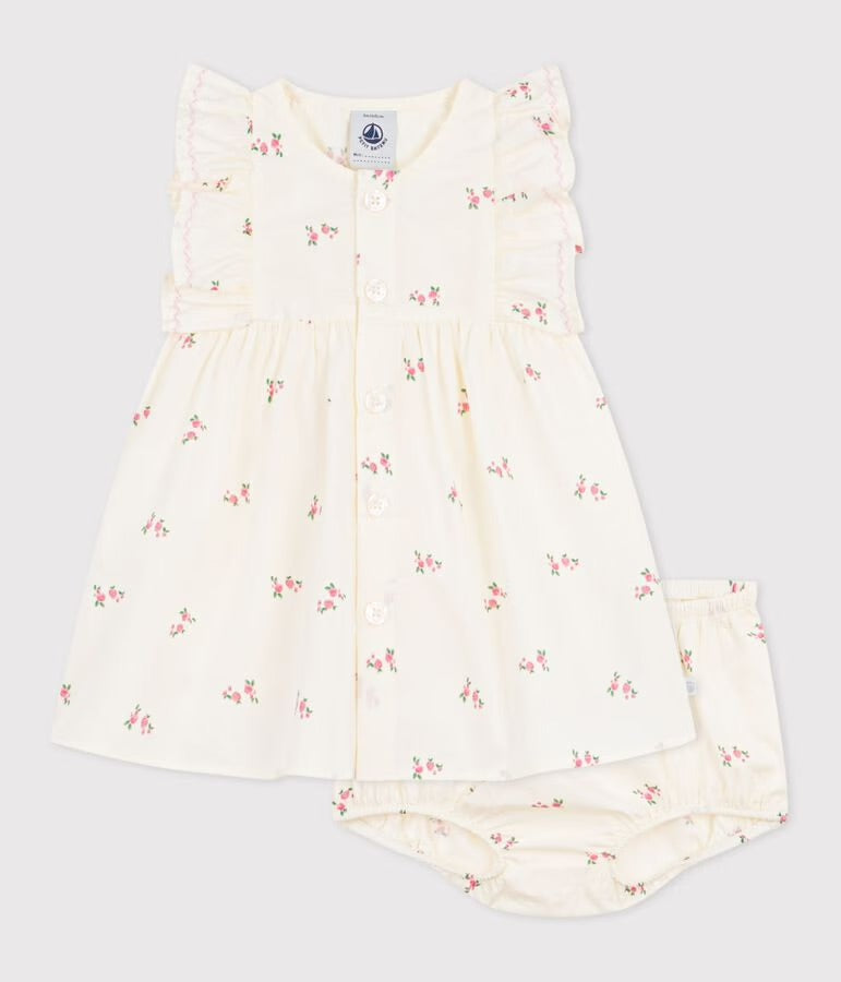 Petit Bateau - Babies' cotton baby dress with bloomers, printed with flowers