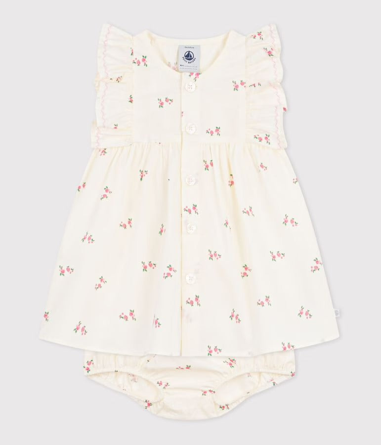 Petit Bateau - Babies' cotton baby dress with bloomers, printed with flowers
