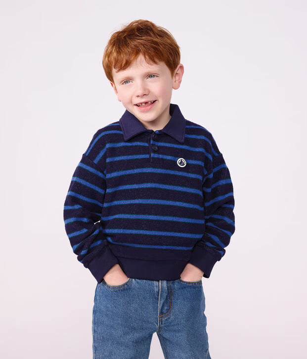 Petit Bateau - Sweatshirt col polo enfant en coton à rayures