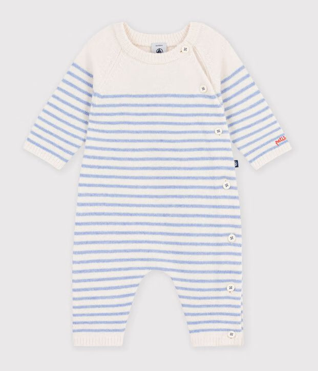 Petit Bateau - Combinaison bébé en tricot laine et coton à rayures