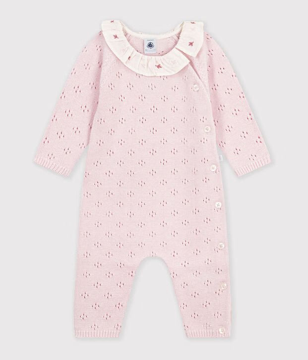 Petit Bateau - Babies' knitted wool and cotton all-in-one with plain collar