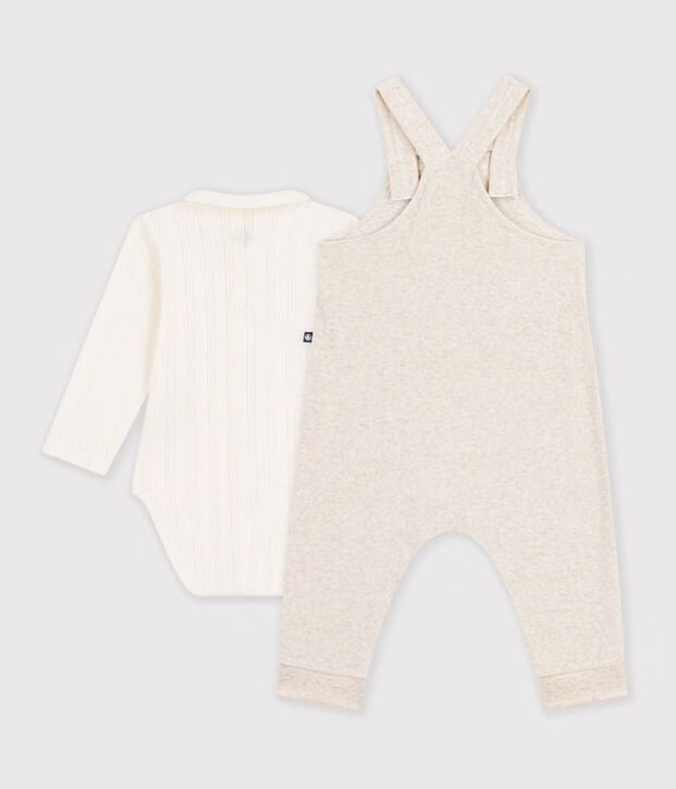 Petit Bateau - Ensemble salopette et body bébé en coton avec col uni