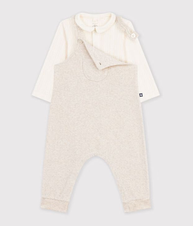 Petit Bateau - Ensemble salopette et body bébé en coton avec col uni