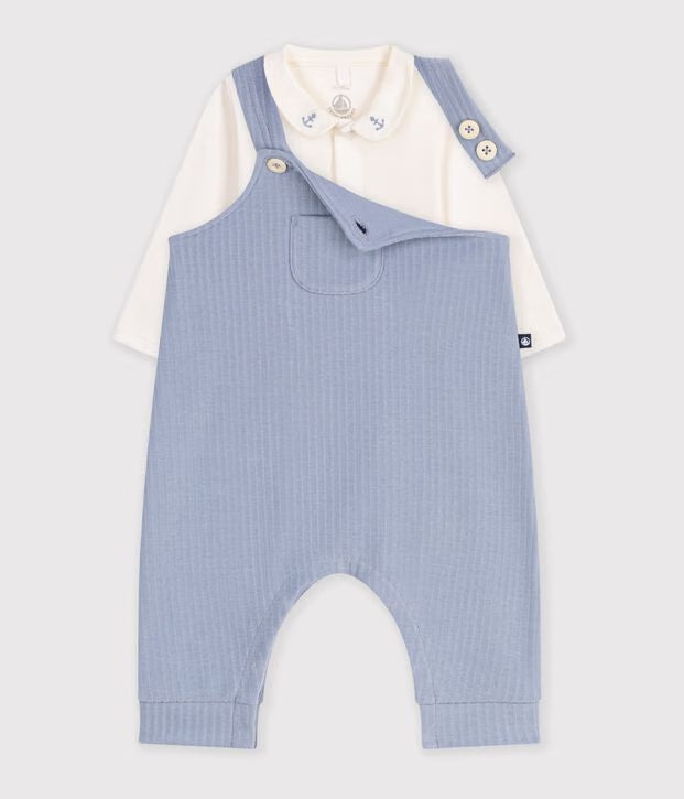 Petit Bateau - Ensemble salopette et body bébé en coton avec col uni