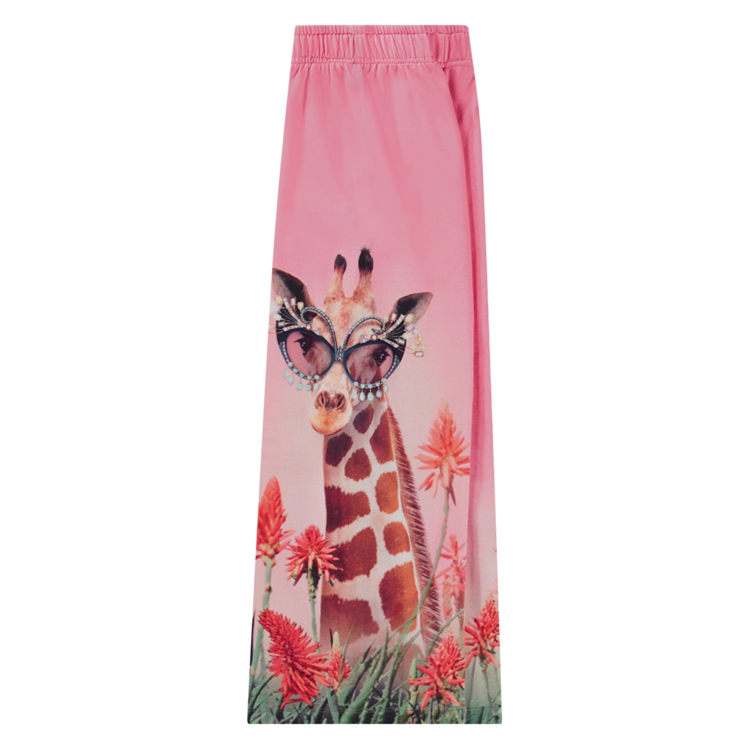 Un pantalon jogging droit avec taille élastique. Rose à imprimé de girafe sur le bas de la jambe.