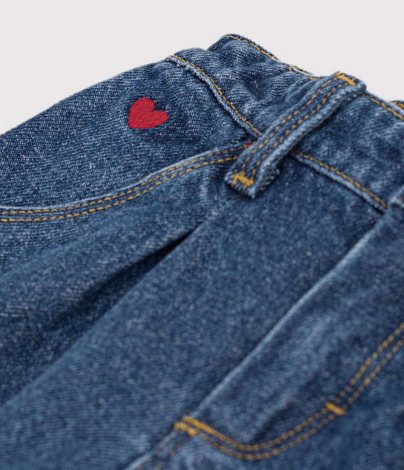 Petit Bateau - Pantalon bébé en denim uni et broderie cœur