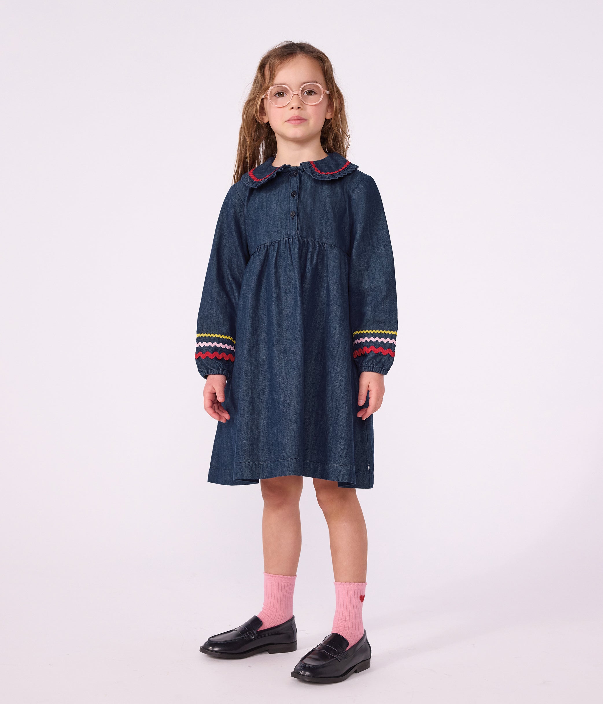 Petit Bateau - Plain long-sleeved denim dress for children
