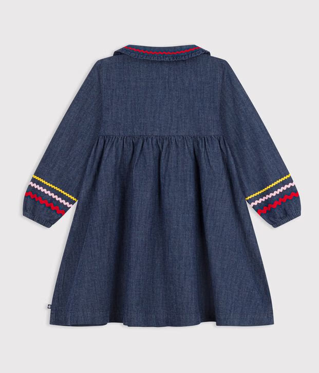 Petit Bateau - Plain long-sleeved denim dress for children