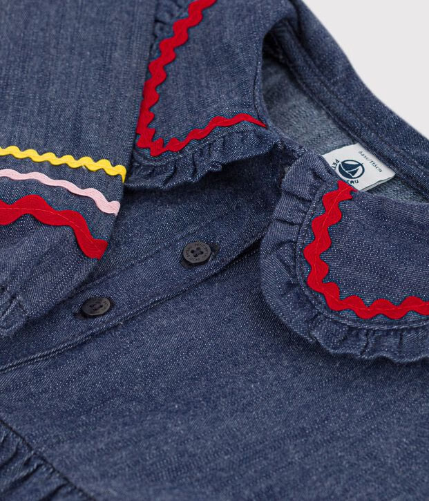 Petit Bateau - Plain long-sleeved denim dress for children