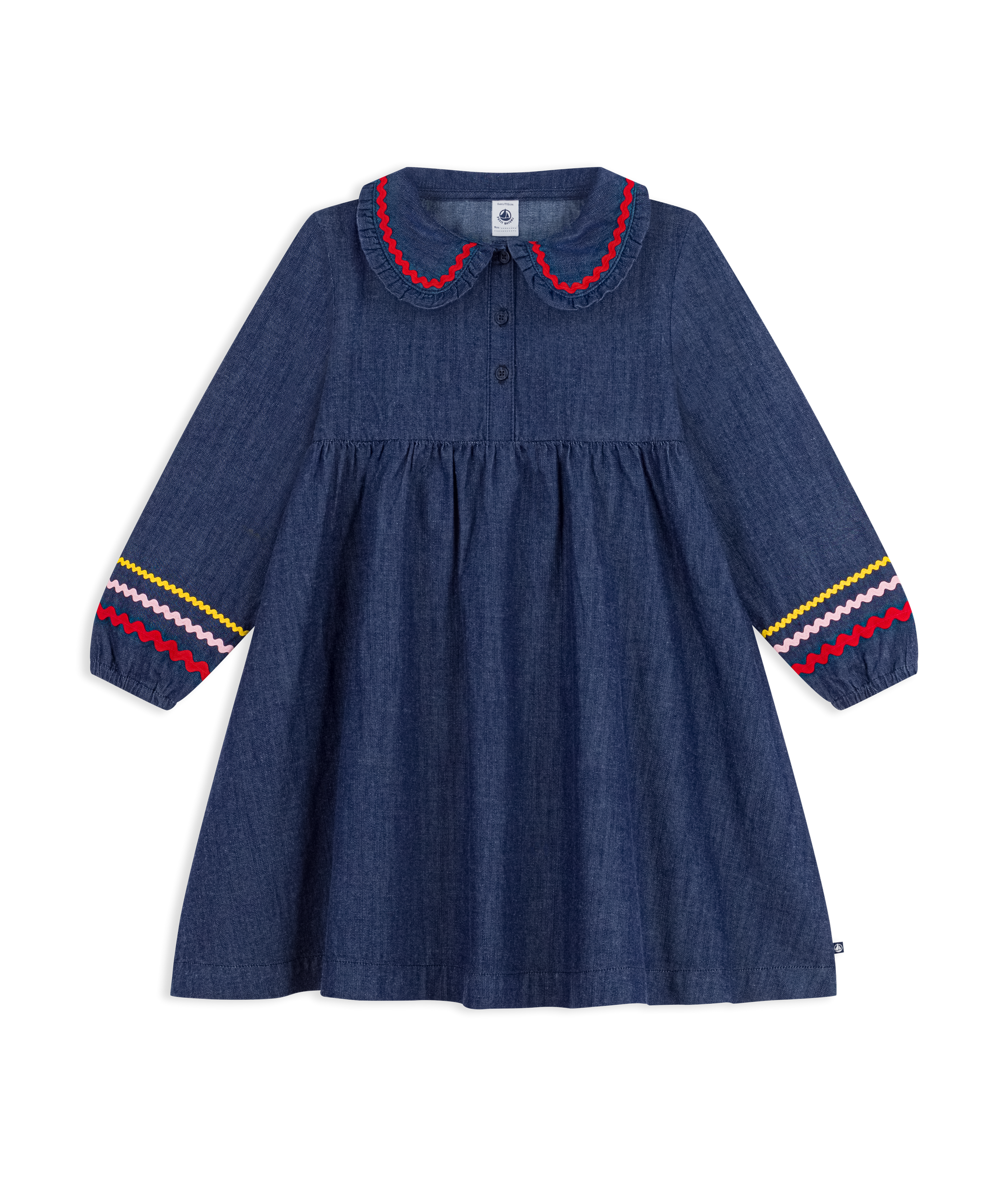 Petit Bateau - Plain long-sleeved denim dress for children