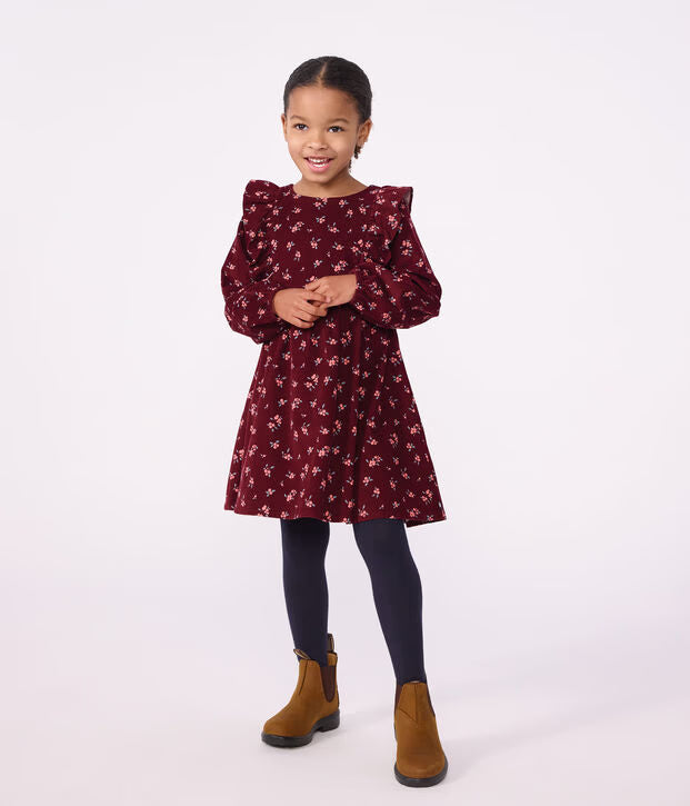Petit Bateau - Robe enfant en velours manches longues à fleurs