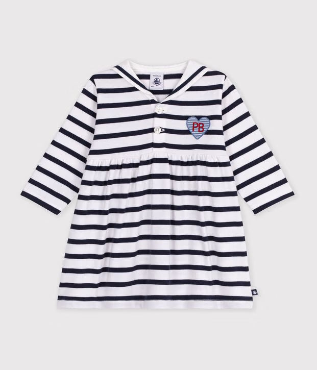 Petit Bateau - Baby's long-sleeved cotton marinière dress with sailor collar