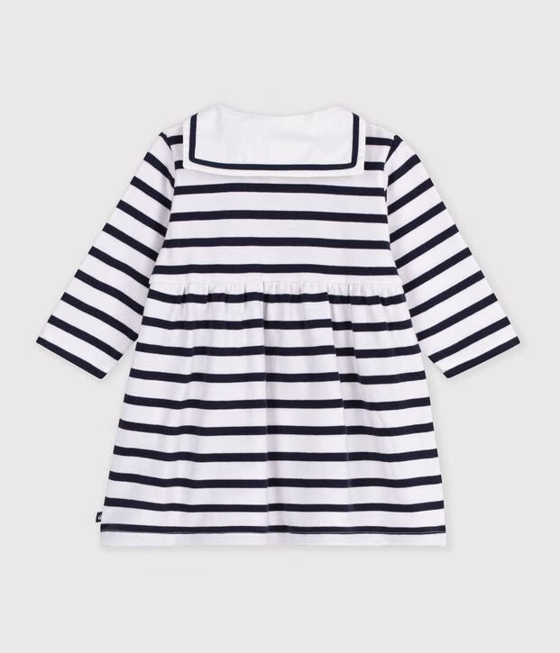Petit Bateau - Baby's long-sleeved cotton marinière dress with sailor collar