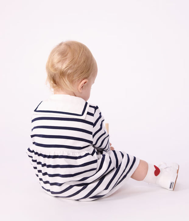 Petit Bateau - Baby's long-sleeved cotton marinière dress with sailor collar