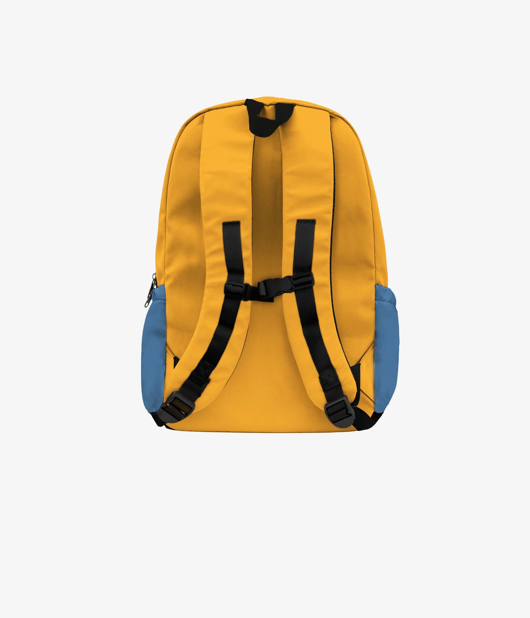 Un sac à dos de derrière jaune, avec poches latérales bleues.