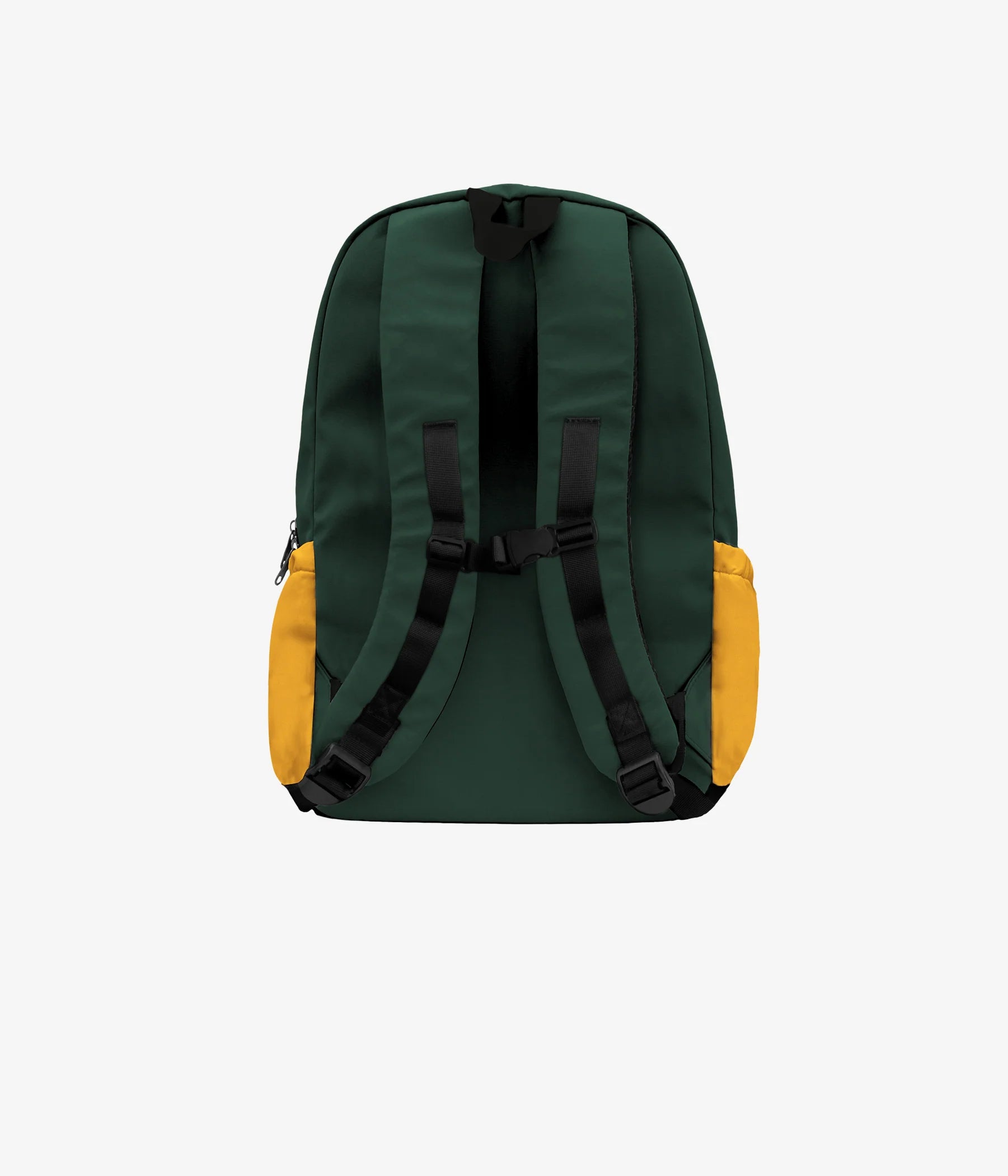 Un sac à dos de derrière avec poches latérales oranges, et dos vert.