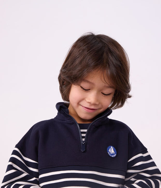 Petit Bateau - Kids' Striped Cotton Zip-Neck Sweatshirt