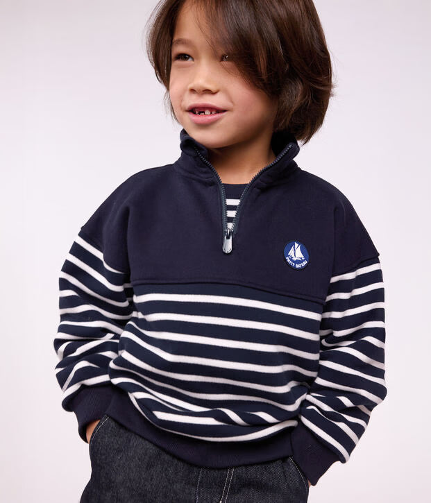 Petit Bateau - Kids' Striped Cotton Zip-Neck Sweatshirt