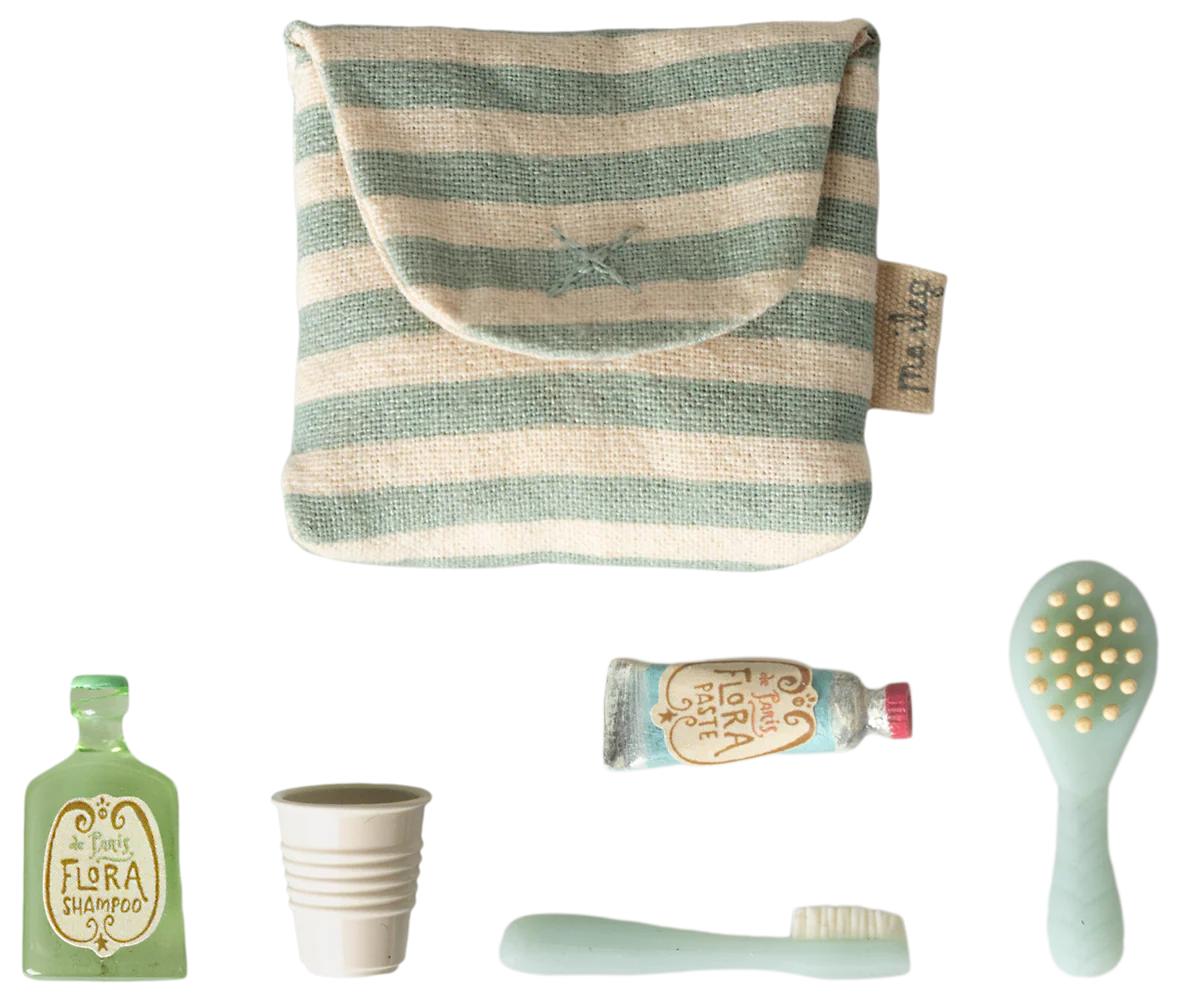 Maileg - Toothbrush Set in Bag, Mouse - Blue Stripe